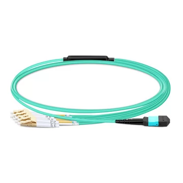 1m (3ft) MTP Female to 4 LC UPC Duplex OM3 50/125 Multimode Fiber Breakout Cable, 8 Fibers, Type B, Elite, LSZH, Aqua